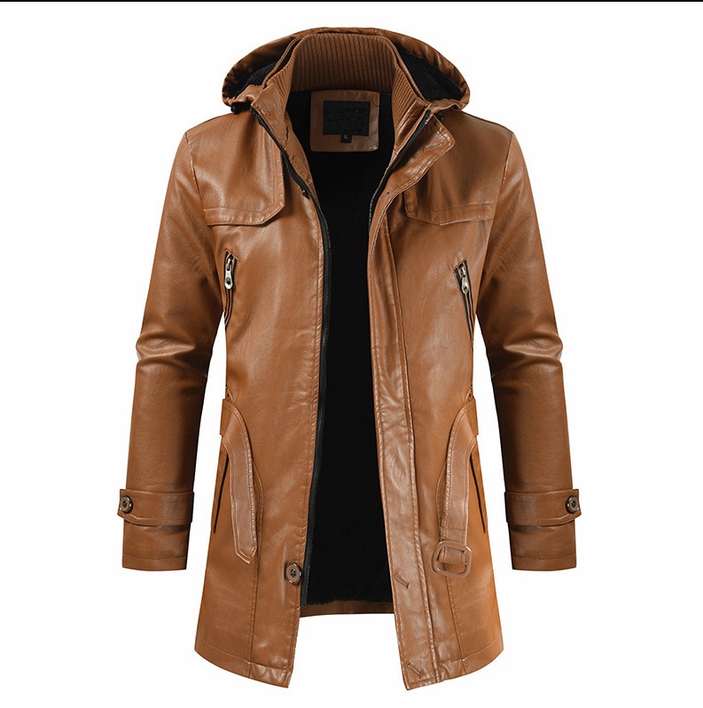 Men&s Mid-Length Leather Coat Korean Style Youth plus Size PU Leather Trench Coat Men&s Coat